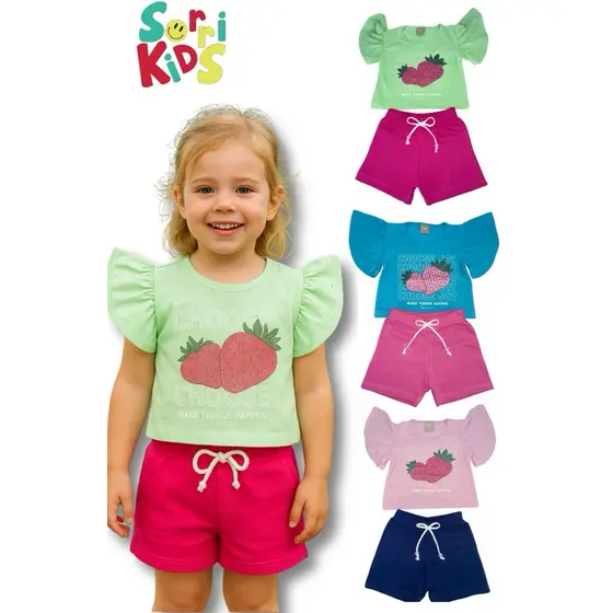 Conjunto Fashion Infantil Menina 1 a 3 Anos - Blusinha com Babado e Shorts com Cadarço Verão