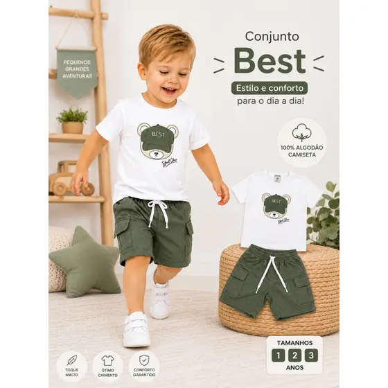 Conjunto Infantil Masculino Estampa Urso E Shorts Com Bolso Design Moderno E Cheio De Charme Tam 1 a 3 anos