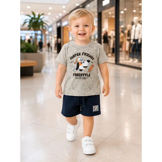 Conjunto Masculino Infantil Camiseta Estampa Frontal Shorts Com Patch Casual Confortável Kids 100% Algodão