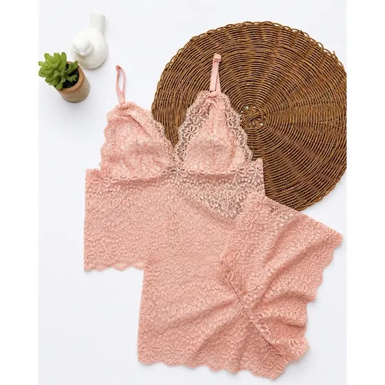 Conjunto Feminino Renda Delicada Top Sem Bojo + Short Rendado