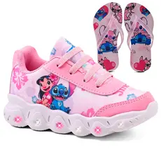 Kit Tênis Infantil Menina Stitch Com Led + Chinelo Infantil