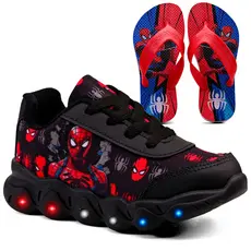 Kit Tênis Infantil Menino Aranha Com Led + Chinelo Infantil