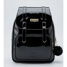 Mochila Feminina Média Estilo Bolsa Em Verniz Com Alça Ajustável + Chaveiro Pompom