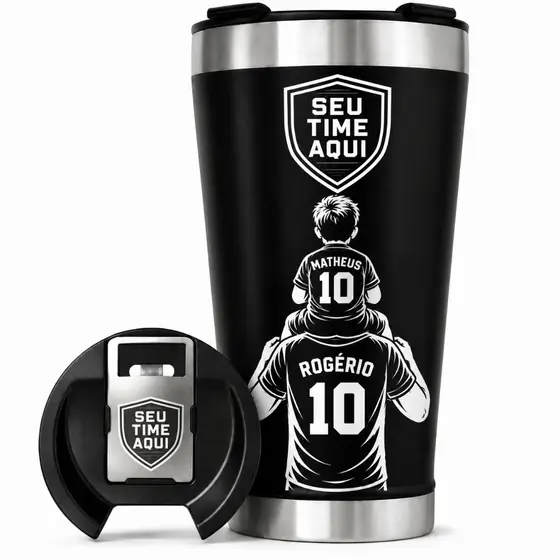 Copo Térmico Inox 473ml Pai e Filho Personalizado com Nome, Time de Futebol, Tampa e Abridor