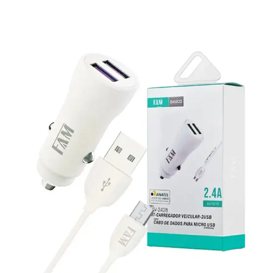 Kit Carregador Veicular FAM 2USB com Cabo Micro USB V8 Carregador Rápido