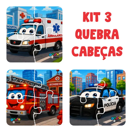Kit 3 Quebra Cabeça Veiculos Transportes Madeira Com 4 Peças