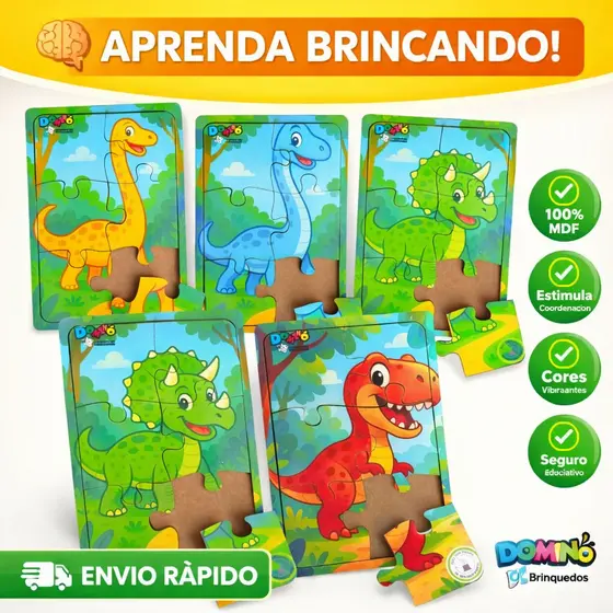 Kit 4 Quebra Cabeças Dinossauro em Madeira 6 peças
