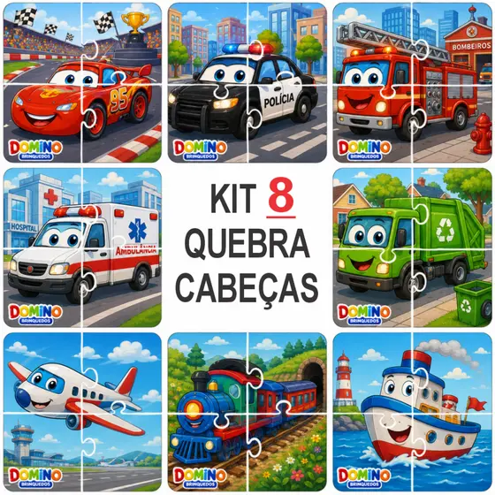 Kit 8 Quebra Cabeça em Mdf 4 Peças Jogo Pedagógico Infantil Lúdico Educativo Carros Transporte