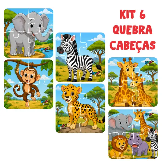 Kit 6 Quebra Cabeça Animais Safari Floresta Madeira Com 4 Peças