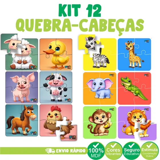 Kit 12 Quebra Cabeça Educativo Diversos temas Com 4 Peças