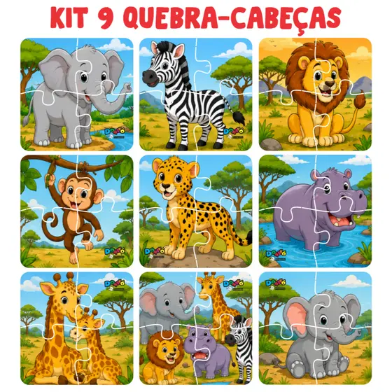Kit 9 Quebra Cabeça Animais Safari Floresta Madeira Com 4 Peças