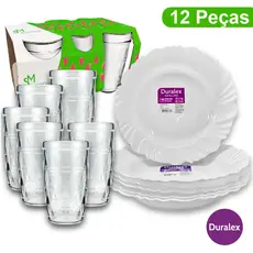 Kit Conjunto 12 Pçs 6 Pratos Petala Fundo Opaline Duralex e 6 Copos Zumba 270ml Vidro freezer geladeira
