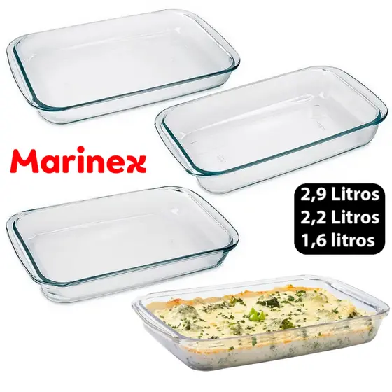 Kit 3 Assadeiras Retangulares Marinex Celebrity Vidro Transparente PMG Forno