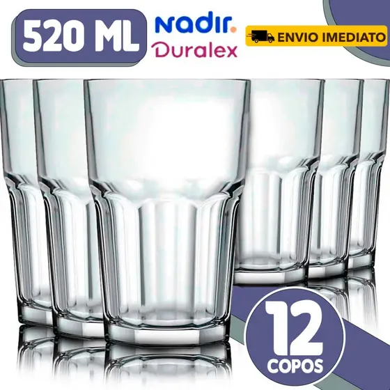 JOGO Copos de Vidro Nadir Bristol 520ml Canelado Temperado Multiuso Mesa Posta Buffet Gourmet