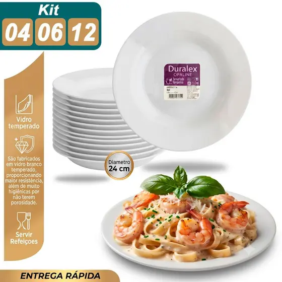 Kit Jogo de Pratos Menu Fundo 04/06/12UN Branco 23 Cm Vidro Liso Duralex Temperado Opaline Almoço