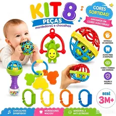 Popular Kit Mordedor para Bebê brinquedo Sensorial Silicone com Chocalho 2/4/8 Peças Coloridas