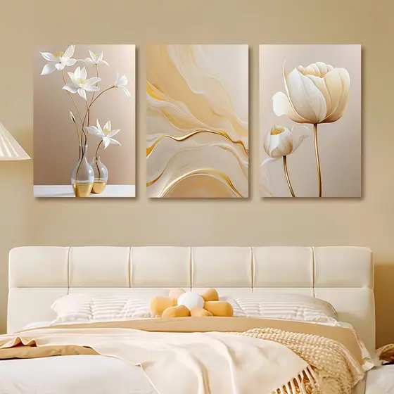 Quadro Decorativos Quarto  Flores Brancas Tons De Areia Quente  Quadros Decorativos 3 Peças
