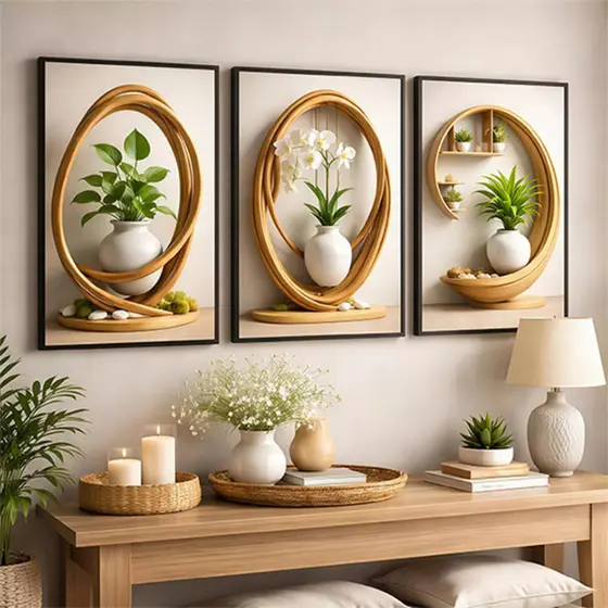 Kit 3 Quadros Decorativos Plantas Verdes Nórdico Rattan Oval Vaso Simples Sala Estar Jantar Escritorio Parede Decoracao