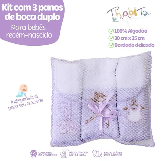 Kit 3 Panos de Boca Duplo Lilás 100% Algodão Barra Poá Estampa Sortida Bebês Enxoval