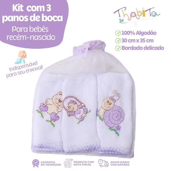 Kit 3 Panos de Boca Lilás para Bebê Recém-Nascido Estampas Sortidas Enxoval Infantil