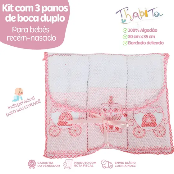 Kit 3 Panos de Boca Duplo 100% Algodão Barra Poá Estampa Sortida Bebês Enxoval Várias Cores Feminino Masculino Neutro