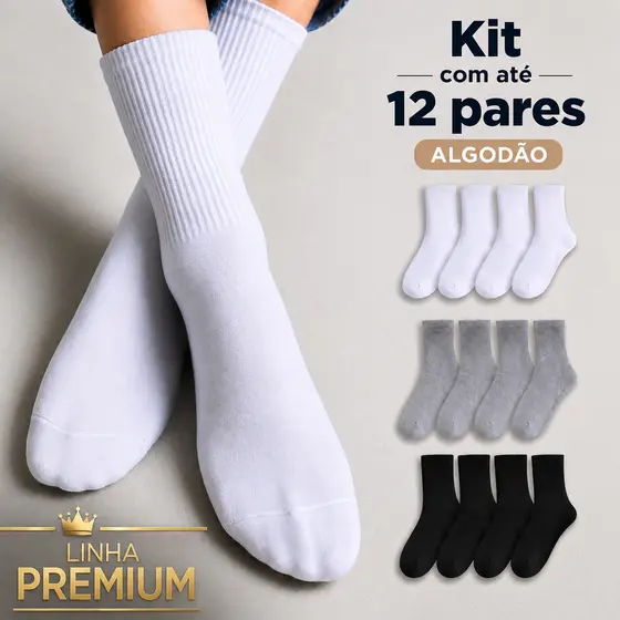 Kit 12 Pares Meia Cano Alto em Algodão conforto maciez e durabilidade