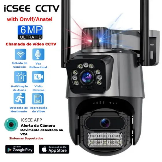 Câmera Ipsky Wi-fi 4k 6mp App Icsee Tela Dupla Visão Noturna Luz Polícial Detecção Humana Sirene