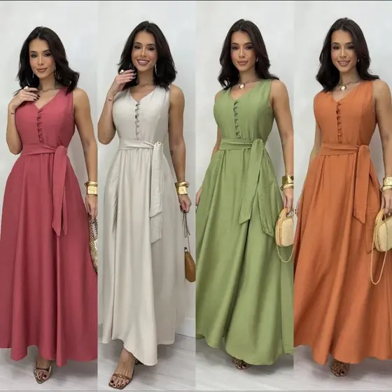 Vestido Longo Feminino Elegante com Botões Perola Funcionais e Faixa na Cintura | Vestido Casual Social | Moda Feminina
