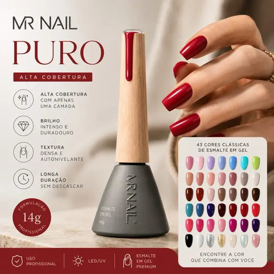 Esmalte em Gel MR NAIL 14g UV/LED Alta Cobertura Profissional 43 Cores Premium