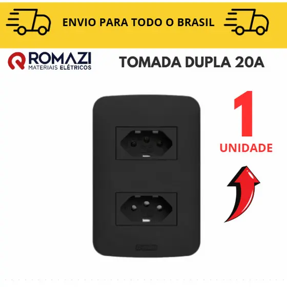 Tomada Dupla 20A linha canoa black romazi / 10A / 20A / Paralelo / Tomada Preta