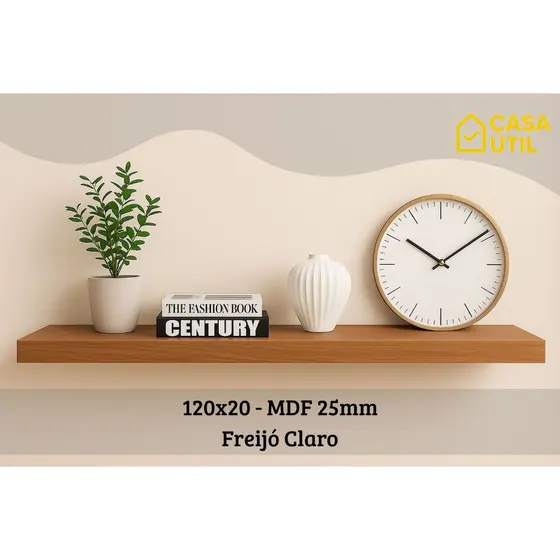 Prateleira 120x20 cm MDF 25mm Freijó Claro com Suporte Invisível Reforçado| Sala, Cozinha e Quarto