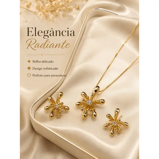Conjunto Feminino Flor Radiante com Colar e Brincos, Bijuteria Elegante