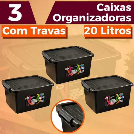 Kit Com 3 Caixas Cesto 20 Litros Caixa Organizadora Pretas Com Tampa e Trava Organizador Preto