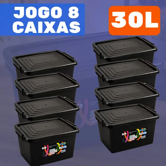 Jogo 8 Caixas Cesto 30 Litros Caixa Organizadora Multiuso Pretas Com Tampa e Trava Organizador Preto