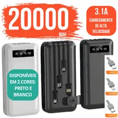 Bateria Portátil 20000mAh com 4 Cabos e suporte Power Bank Durável para Viagens e Dia a Dia