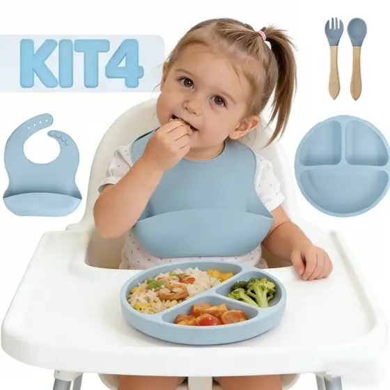 4 pçs Kit Prato com Talher Silicone Introdução Alimentar Bebê