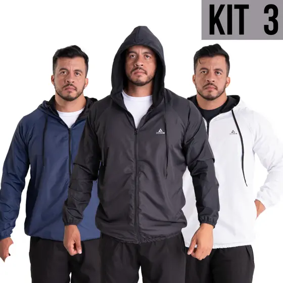 Kit 3 jaqueta corta vento masculino repelente a água capuz forrado bolsos laterais treino academia