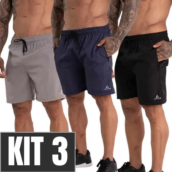 Kit 3 Bermuda Tactel Masculina Academia Bolso Zíper Cordão