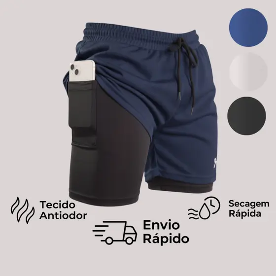 Short 2 em 1 Masculino Fitness Academia Treino Leve Respirável Corrida