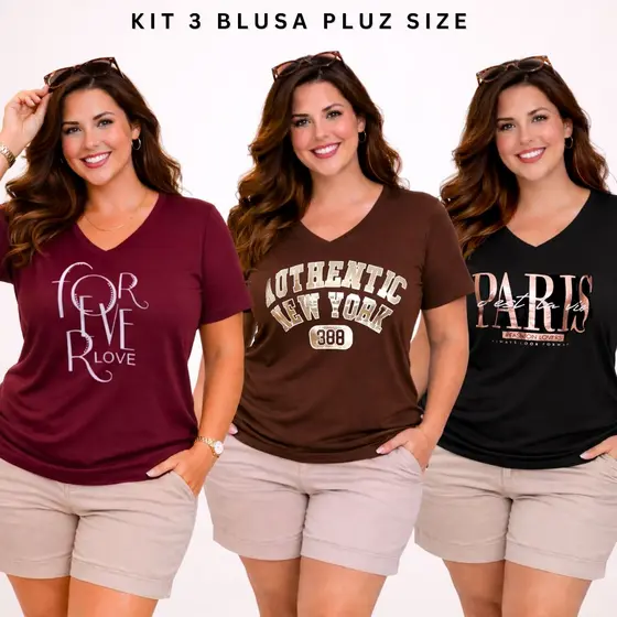 Kit 3 Blusa Feminina Estilosa Plus Size Curve Camiseta Gola V Estampa Premium M ao G2 Tamanho Grande