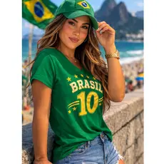 Blusa Brasil Feminina Estilosa Camiseta Decote V Tendência Copa Tecido Viscolycra M ao G2Pluz size