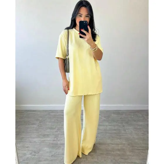 Conjunto Feminino Calça Pantalona e Blusa Manga Curta