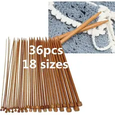 Conjunto Completo Agulhas de Crochê Bambu Carbonizado, 36 Peças 18 Tamanhos, Ponta Única para Tricô e Suéter