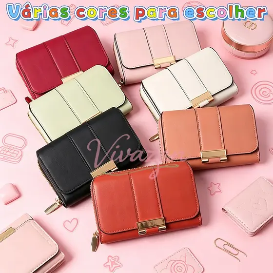 Carteira Feminina Elegante Couro PU Porta Cartões Moedas e Dinheiro - 5 Cores