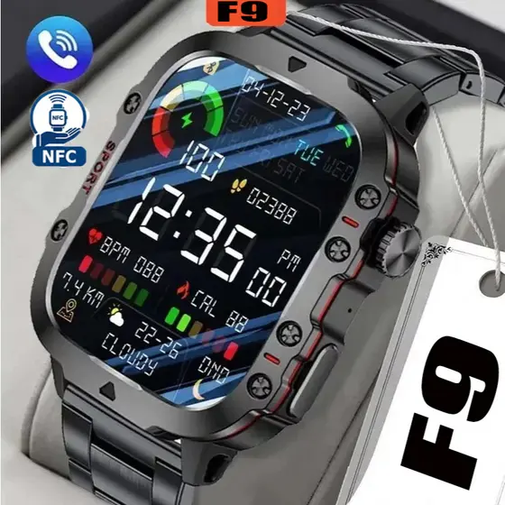 Relógio inteligente F9 2026 com Bluetooth para chamadas,NFC,relógio esportivo e frequência cardíaca