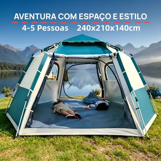Barraca de Camping Automática 4-5 Pessoas 240x210x140cm Grande Hexagonal / Quadrilátero com Vara de Hall Portátil