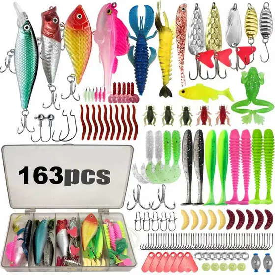 KIT 163/133/107 Peças Unidades Isca Artificiai Pesca Conjunto De Isca De Pesca Caixa Macia Dura Ganchos Sal Água Doce