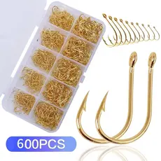 Kit Caixa de Pesca com 600 Anzóis Chinu Dourado #3 ao #12