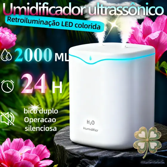 Umidificador De Ar Grande 2000ML Saída Dupla Luzes LED's Coloridas Silencioso Aromatizador 2Litros