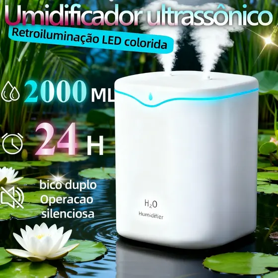 Umidificador De Ar Grande 2000ML De Bocal Duplo Silencioso Capacidade LED De Atomização Nano 2Litros
